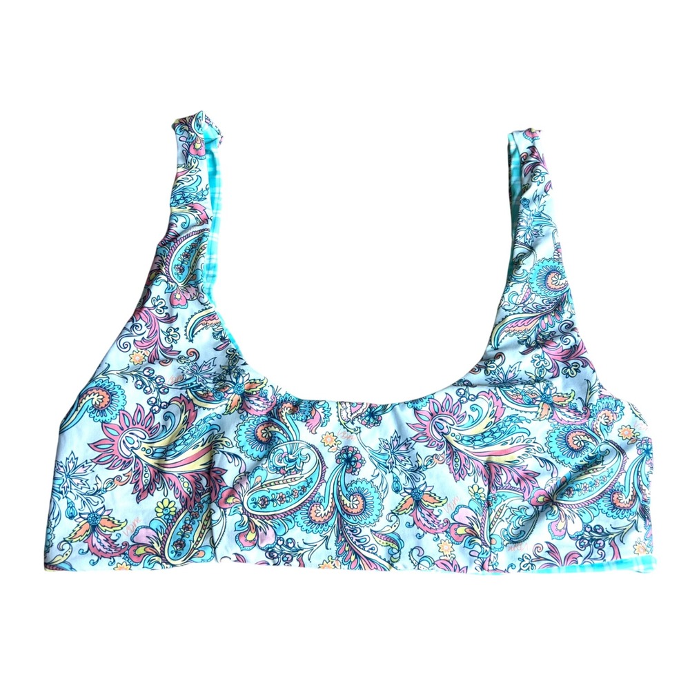 VDM Bratlette Bikini Top Sz S Blue Paisley Reversible Plaid Scoop Neck
